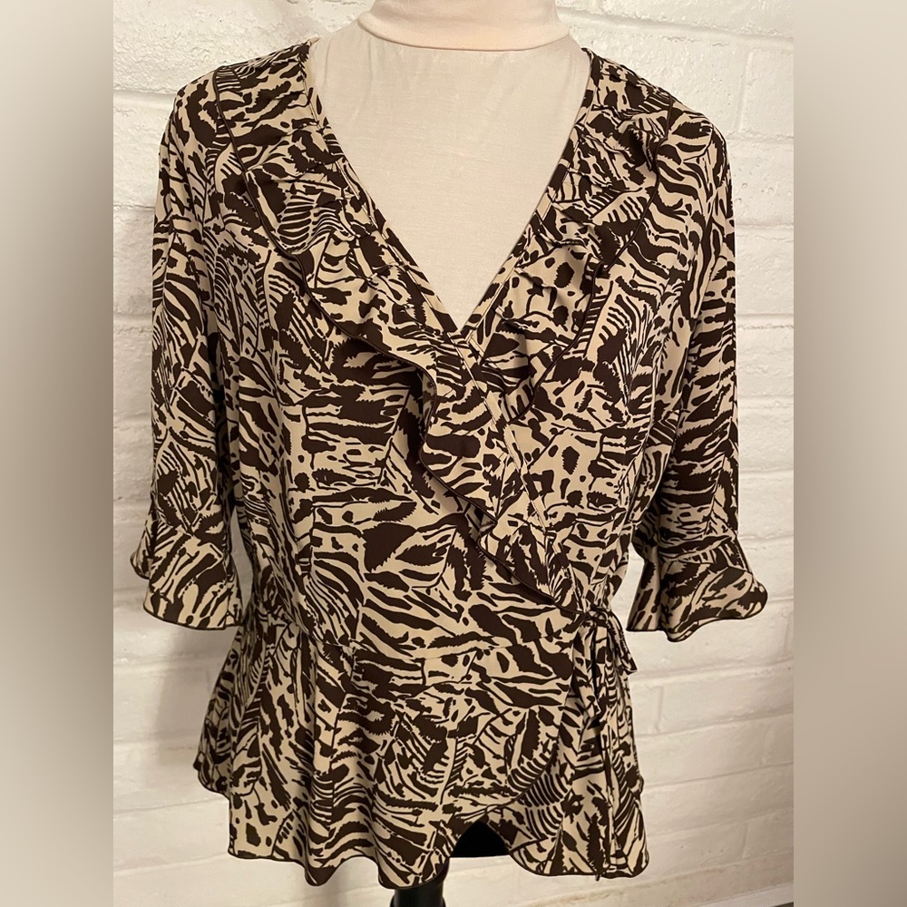 Covington Brown and Tan Tribal Print Wrap 3/4 Sleeve Ruffle Blouse, sz XL
